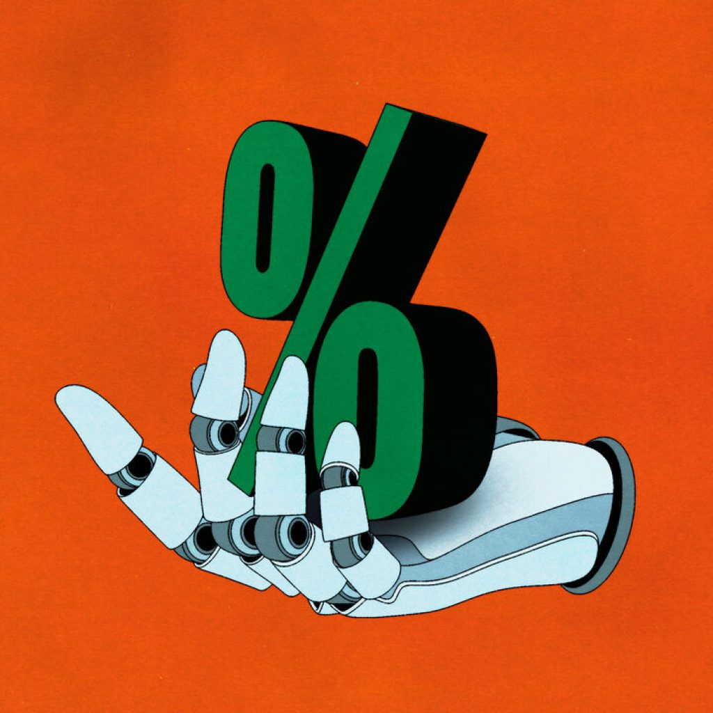 Illustration of a robot hand holding a percentage sign