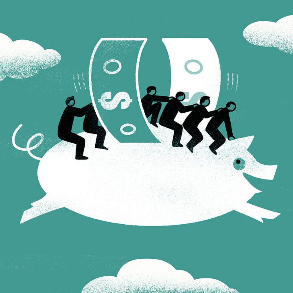 Illustration of a flying pig with dollar bills for wings being ridden by a group of businessmen