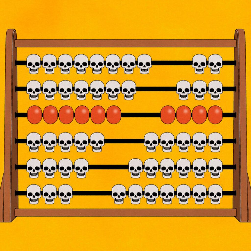 How many people are dying as a result of USAID’s demise? A wooden abacus with skulls instead of beads, plus one row of red beads, set against a bright yellow background