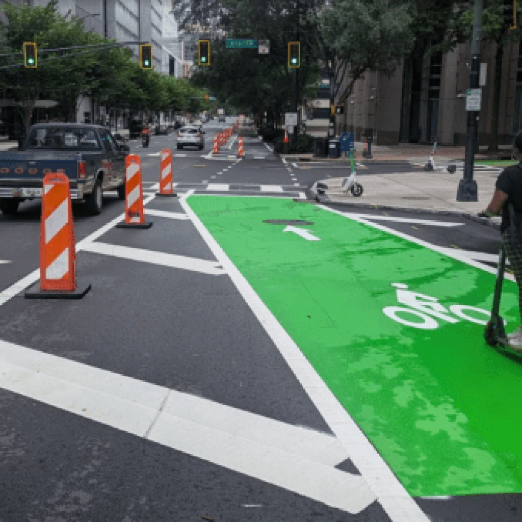 Work continues on new West Peachtree Street bike
lane