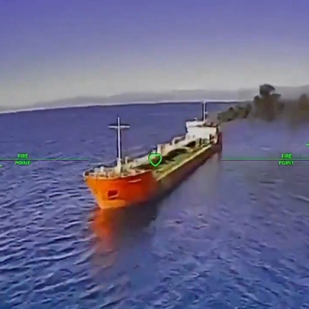 Ukrainian drone evades Russian helicopter fire to strike oil
tanker